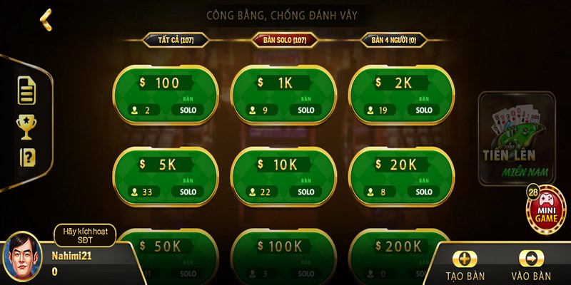 Có nhiều mức cược để bet thủ cân nhắc nhập cuộc tiến lên